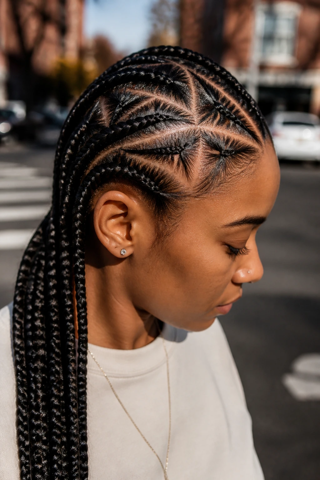 Portrait of person with triangle-part cornrows showing geometric scalp parts