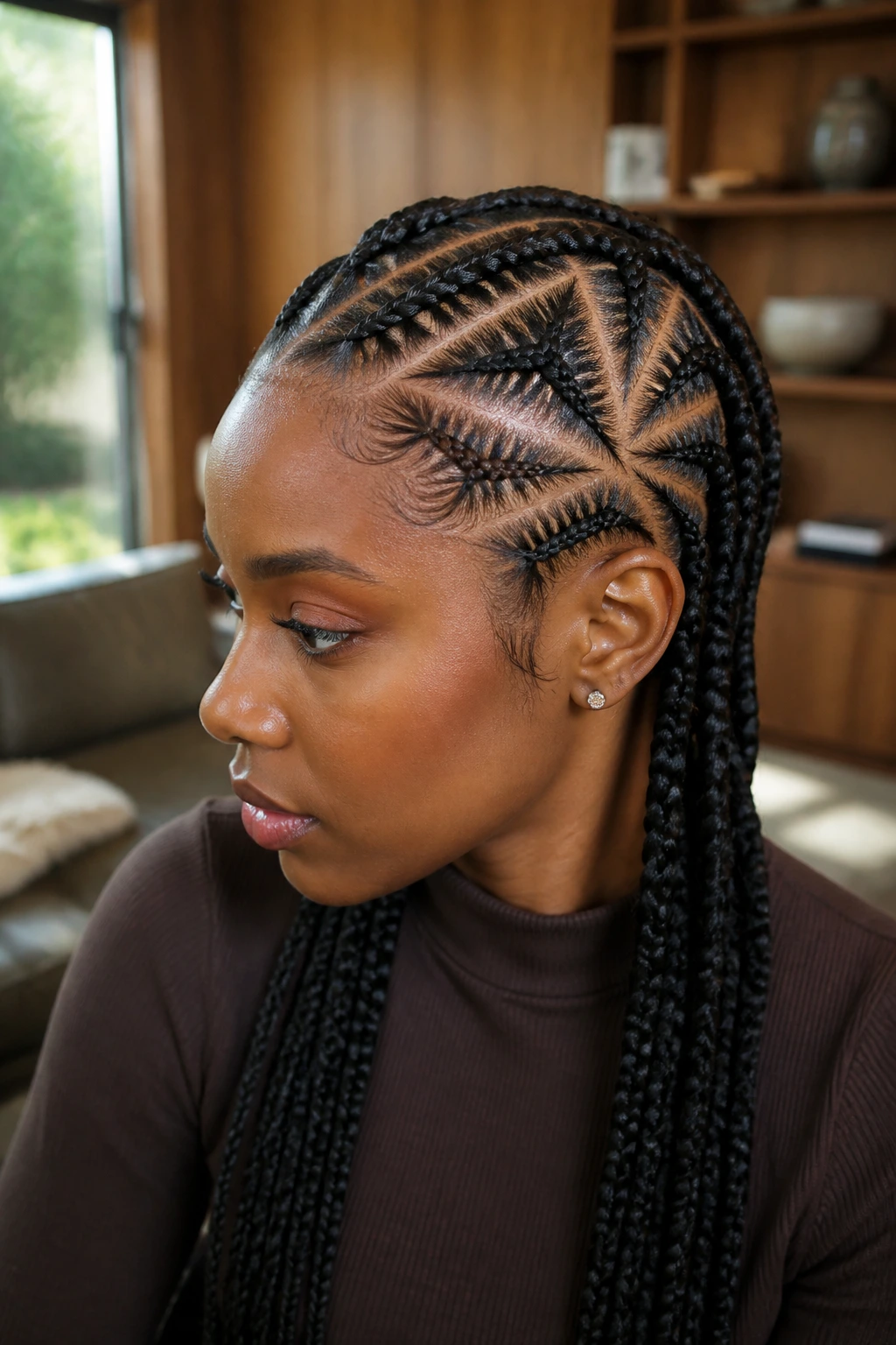 Portrait of a real person with triangular-part cornrows showing sharp, angular parts
