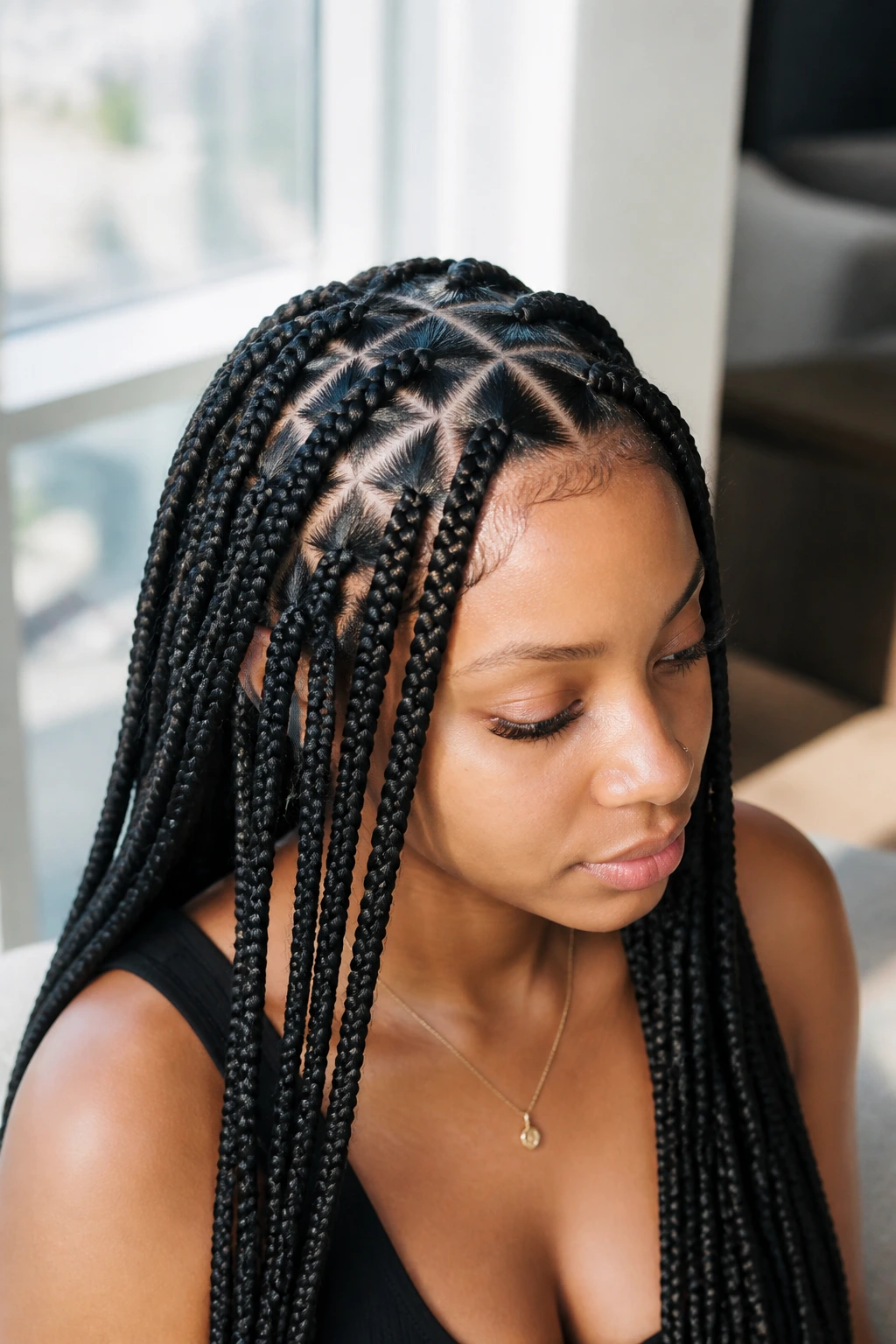 Close-up of a real person showing a triangle-part crown across the scalp