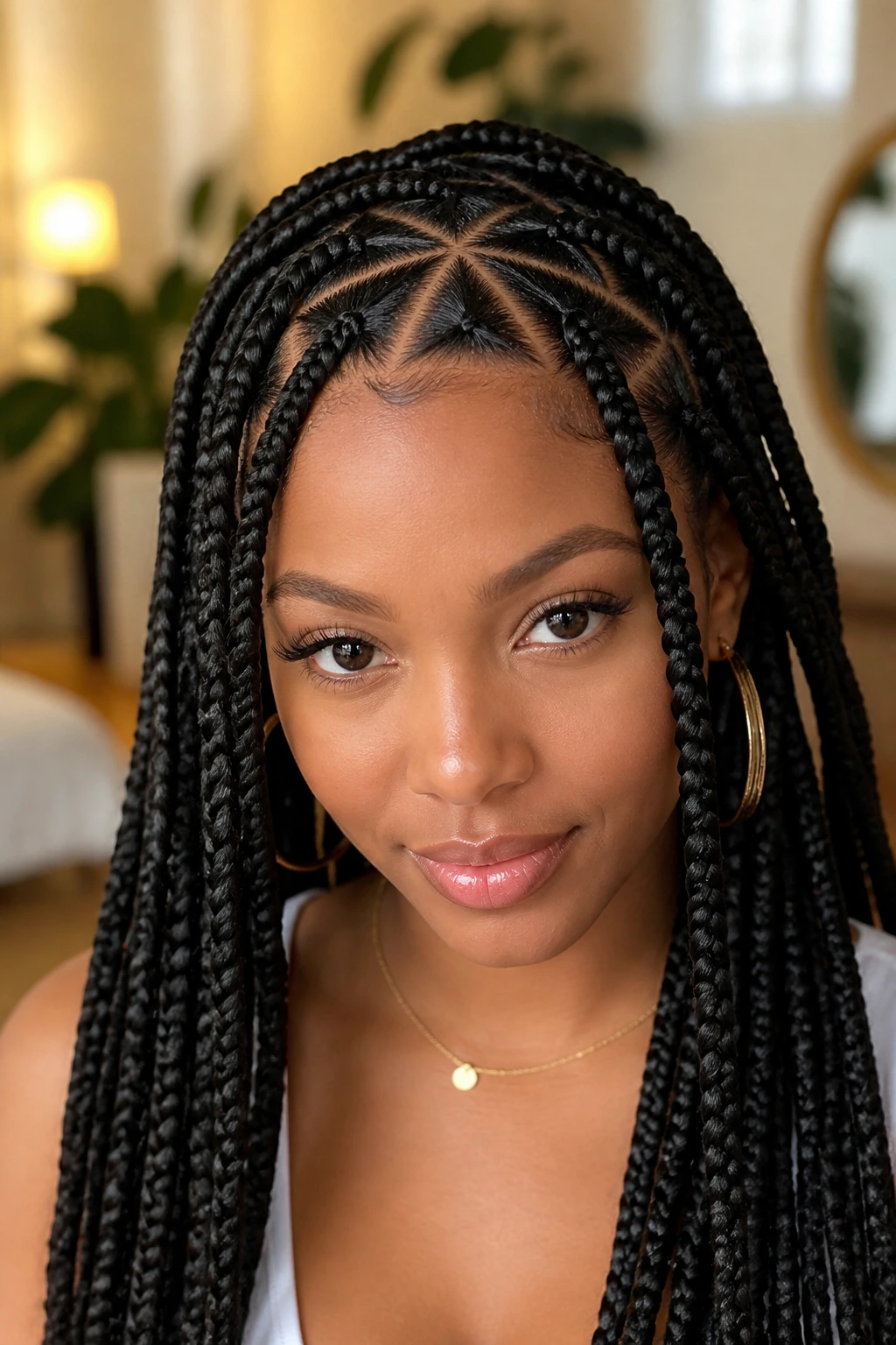 Close-up of a real woman with triangle-part goddess braids on the scalp
