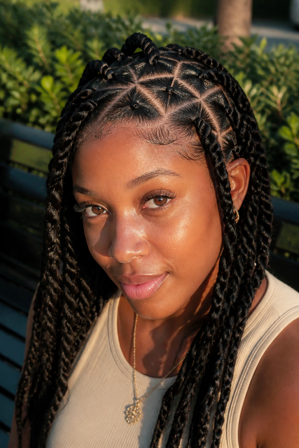 Close-up of a real woman with Triangle-Part Havana Twists showing scalp-part geometry