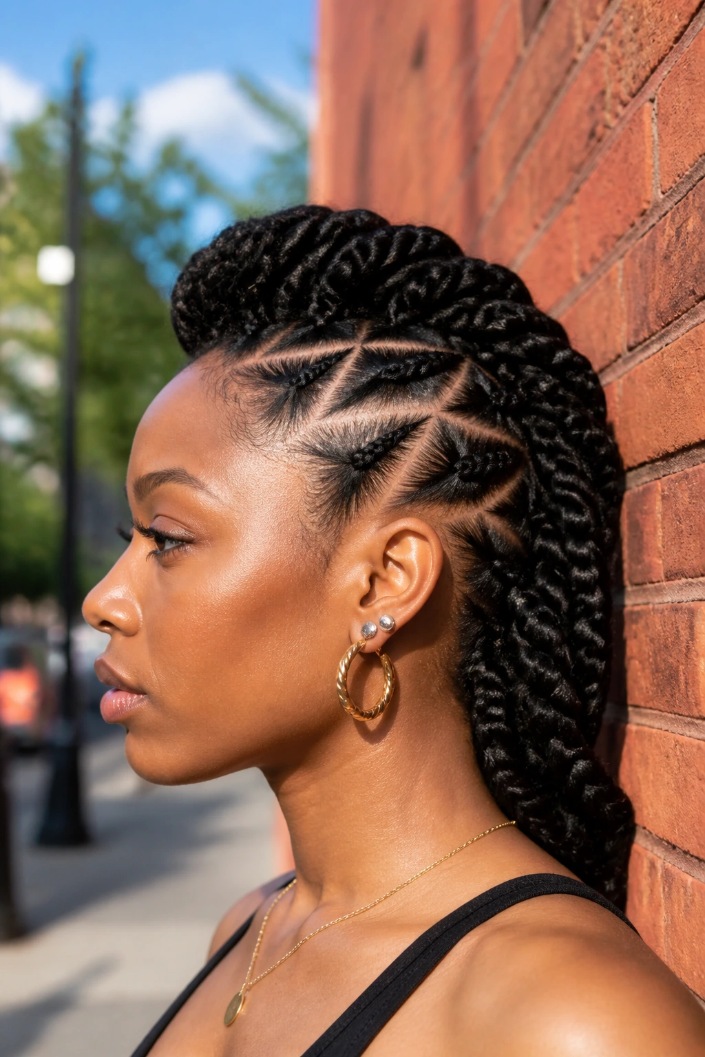 Close-up of a real person with Triangle-Part Feed-In Hawk hairstyle.