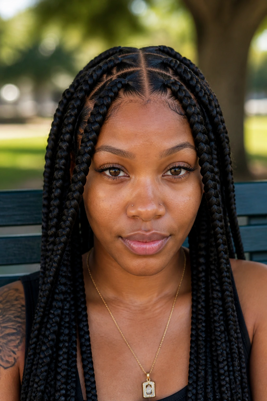 Frontal close-up of a woman with triangle-part jumbo box braids