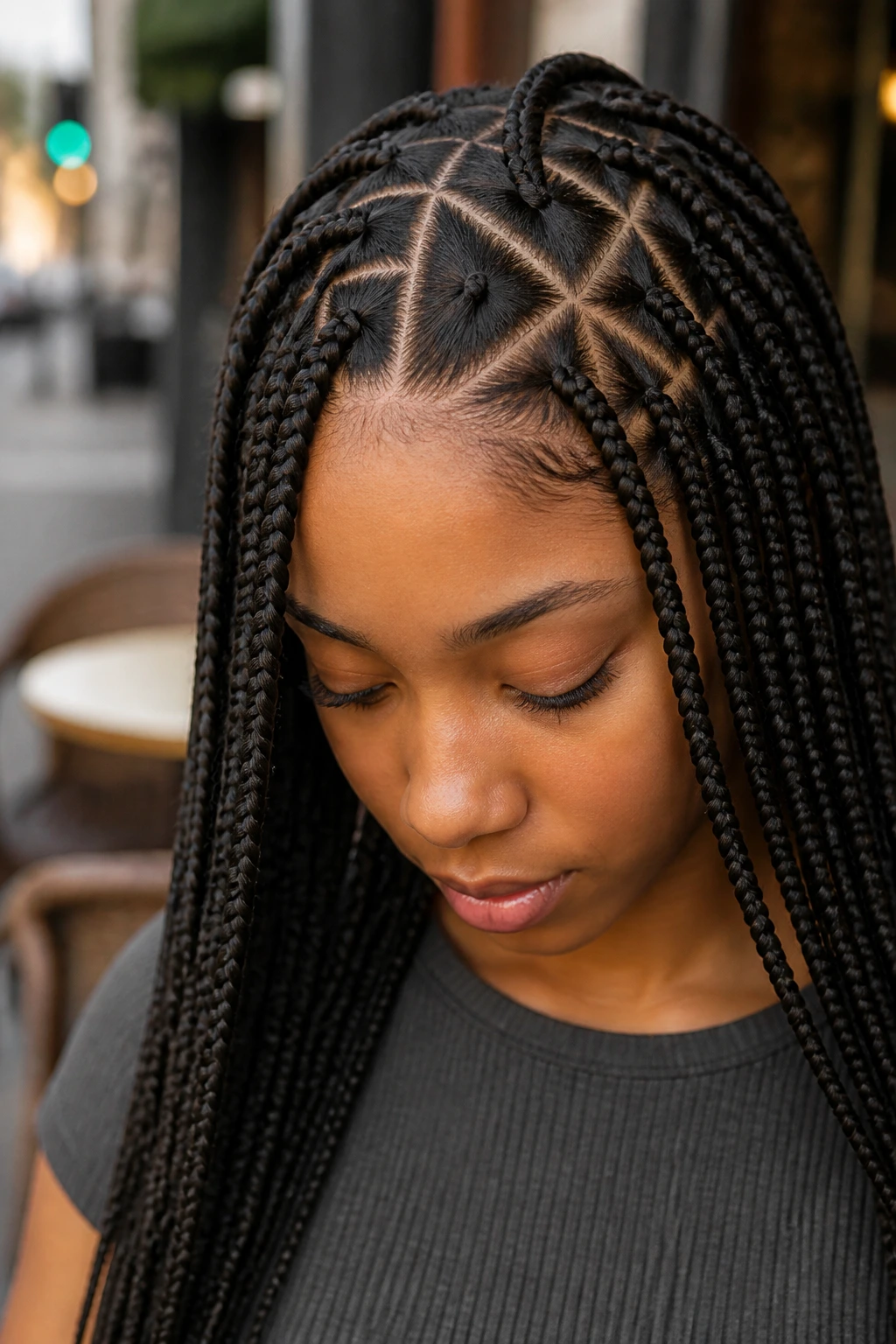 Real person with triangle-part knotless braids showing angled parts