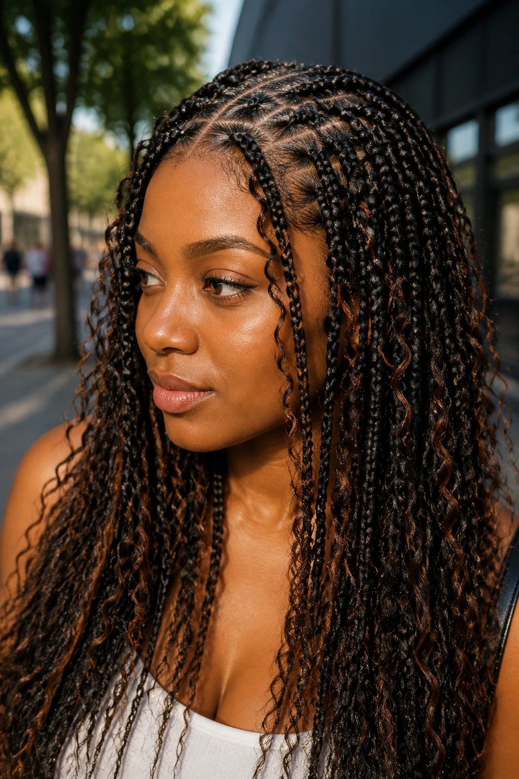Close-up of a real woman with triangle-part knotless braids and boho texture outdoors.