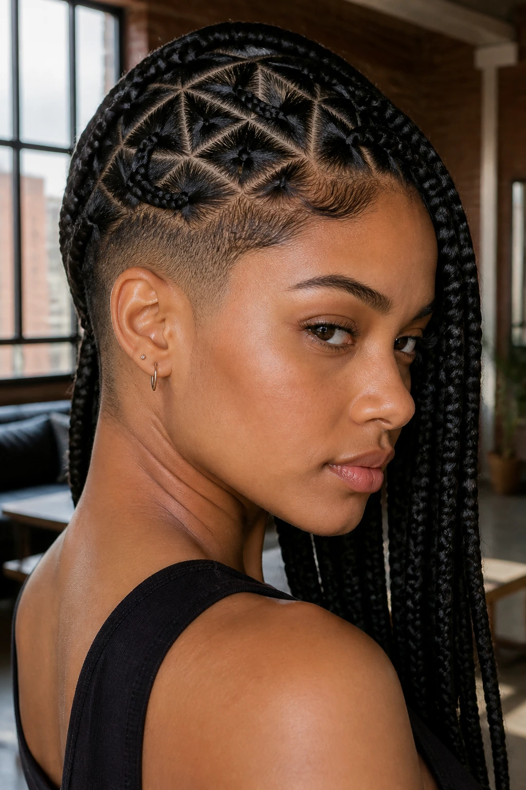 Portrait of a person with triangle-part knotless braids and a nape fade