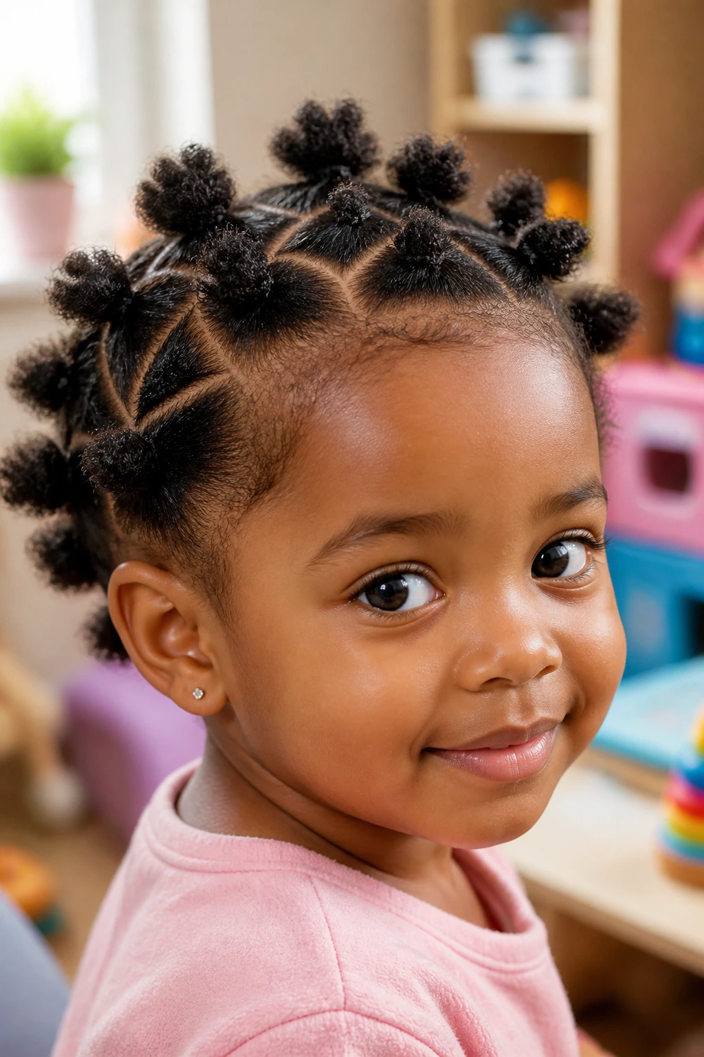 Close-up of a toddler with triangle-part locs forming neat puffs