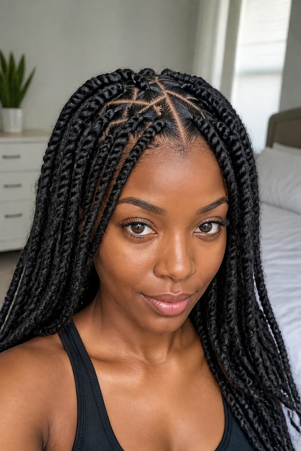 Close-up portrait of a real Black woman with triangle-part Marley twists.