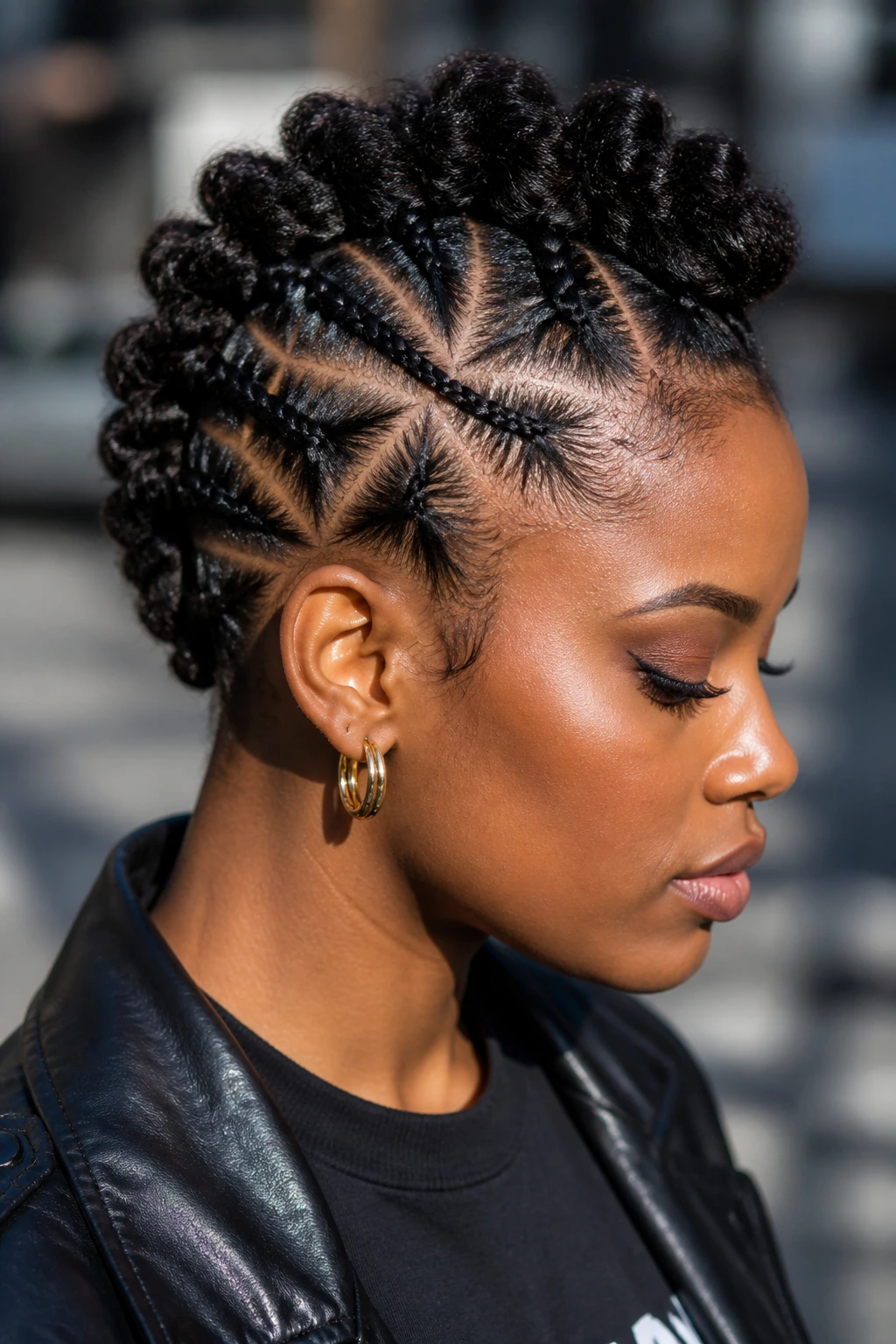 Close-up of a real person with triangle-part scalp braids converging to a center mohawk on short hair