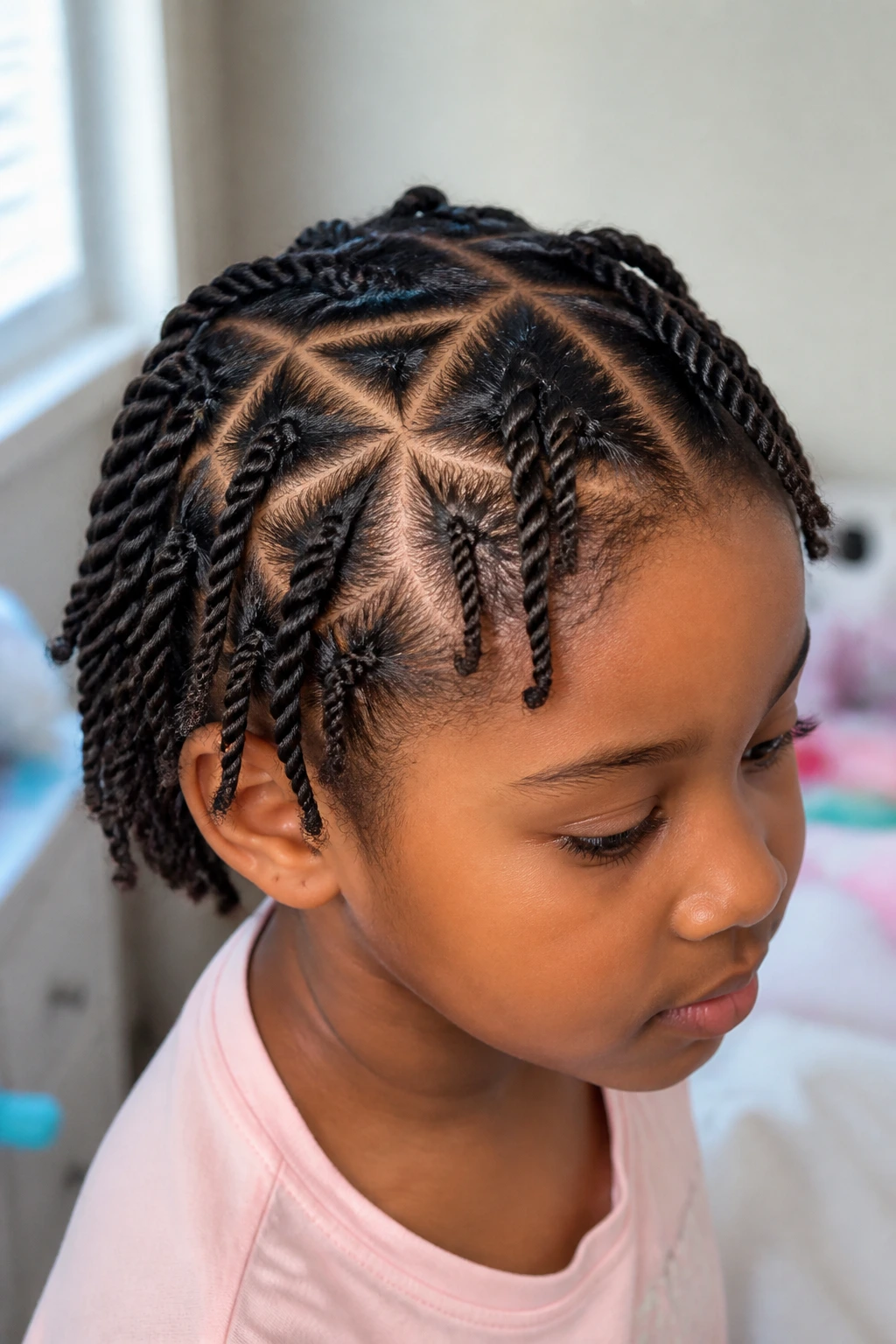 Close-up of a real child with triangle-part twists in soft daylight