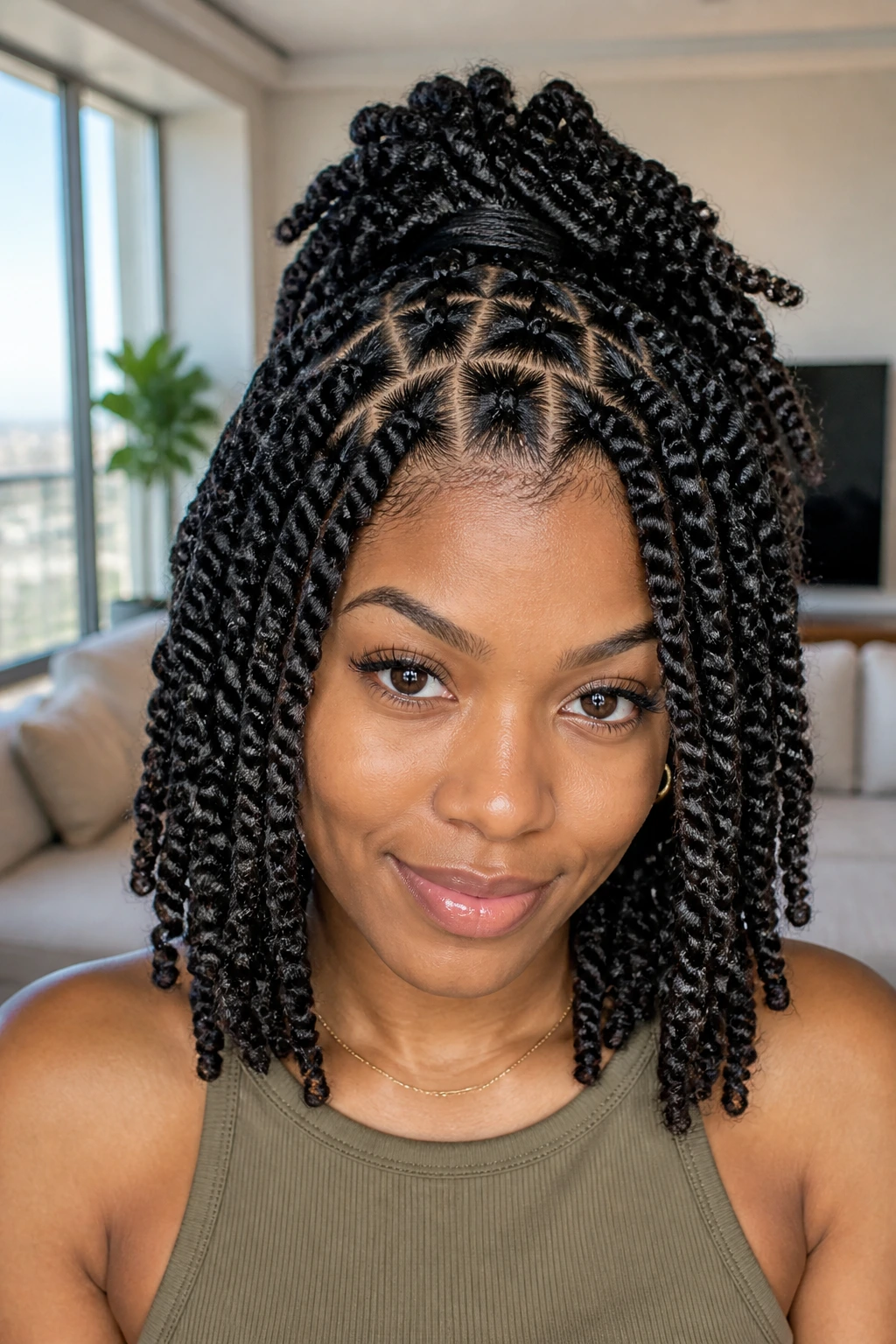 Close-up of a real woman with triangle-part twists showing scalp geometry