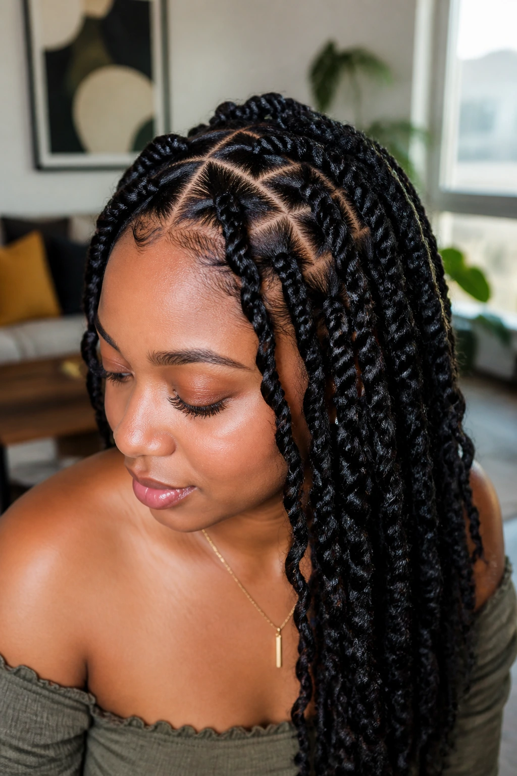 Real person with triangle-part passion twists in daylight interior