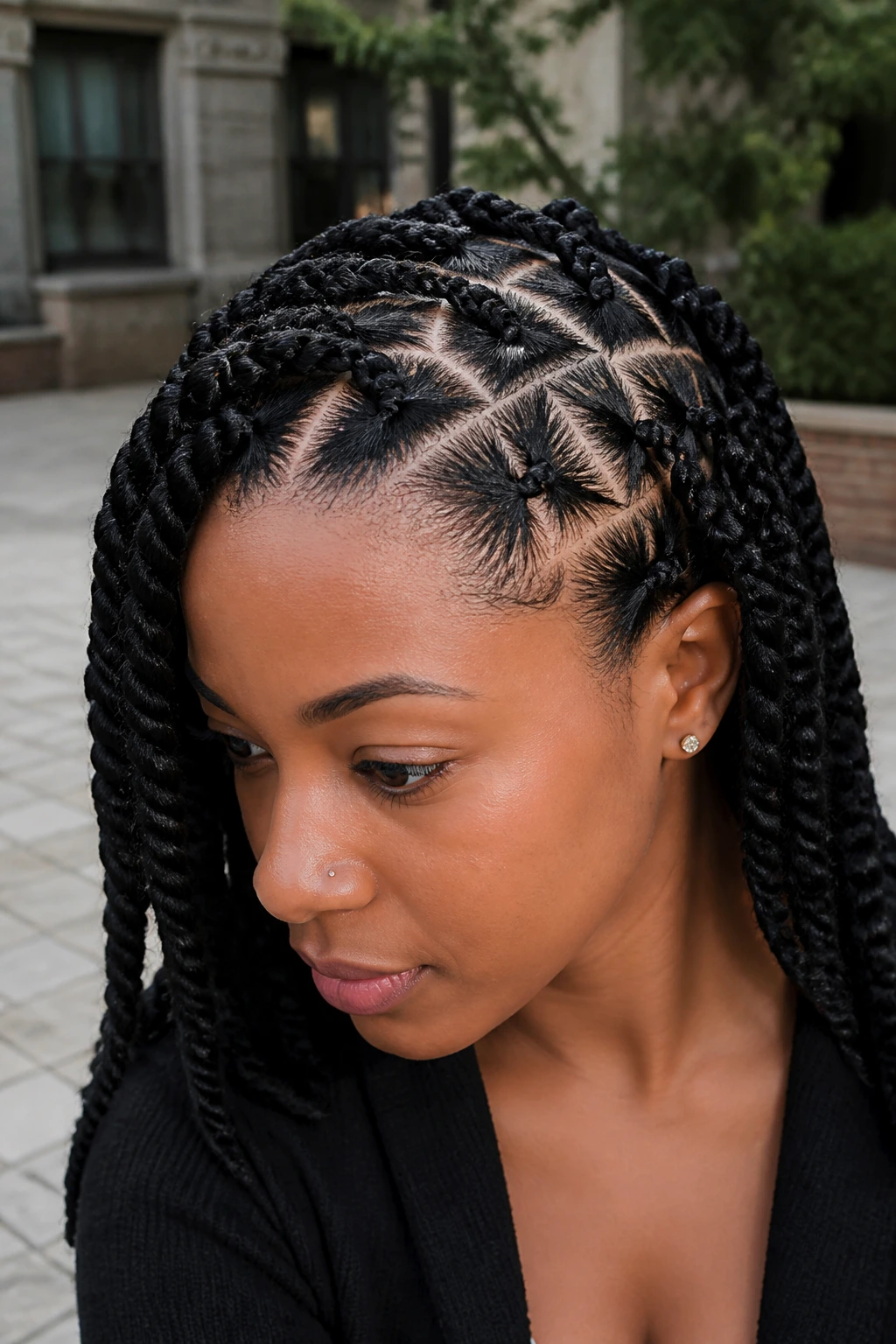 Close-up portrait of a person with triangle-part twists showing a sharp scalp pattern