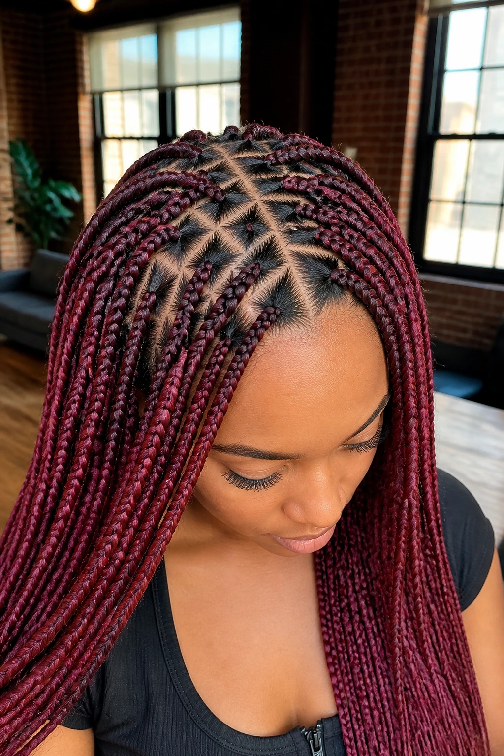 Close-up portrait showing triangle-parted burgundy knotless braids on a real woman in a modern loft