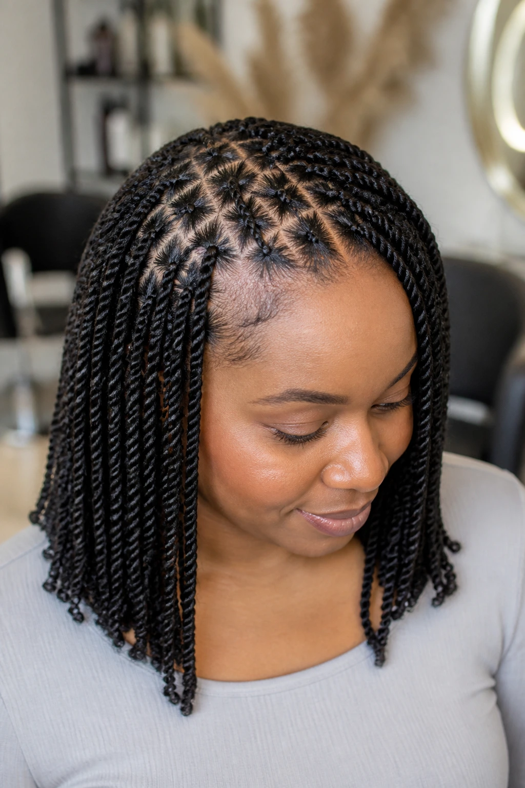 Close-up of triangle-part Senegalese twists on a real woman.