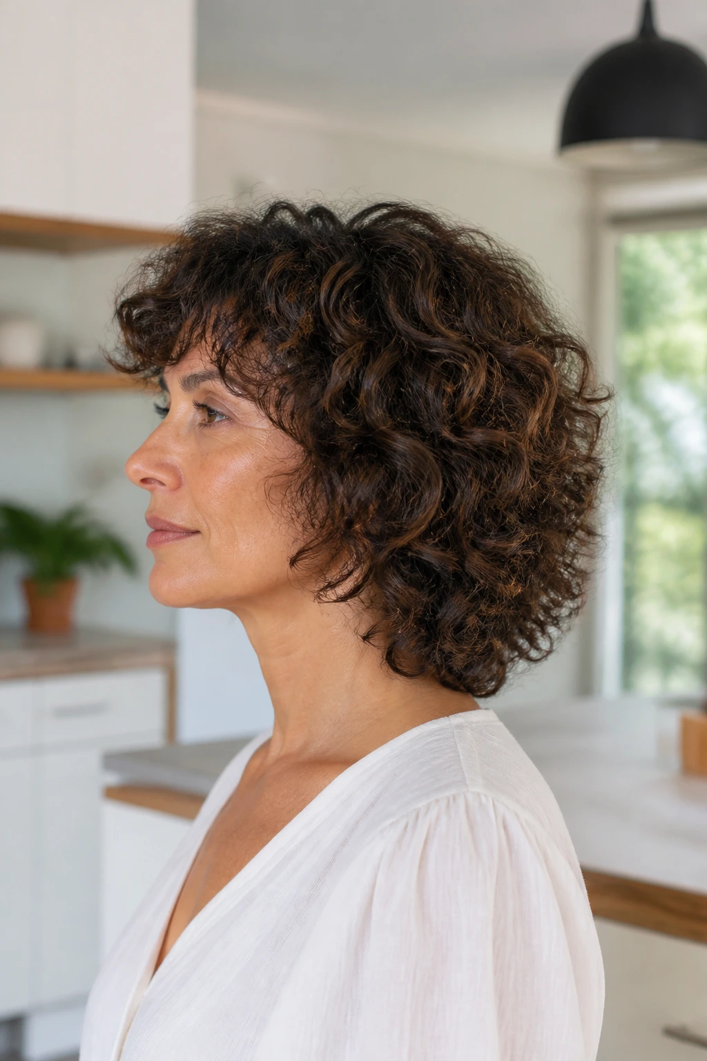 Side-profile of real woman with triangle-release shag showing geometric shape