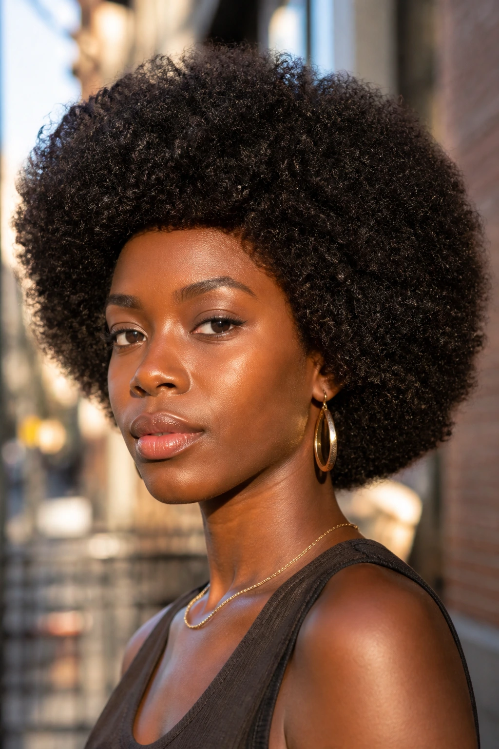 Close-up of a real Black woman's triangle-softened Afro with softened temples