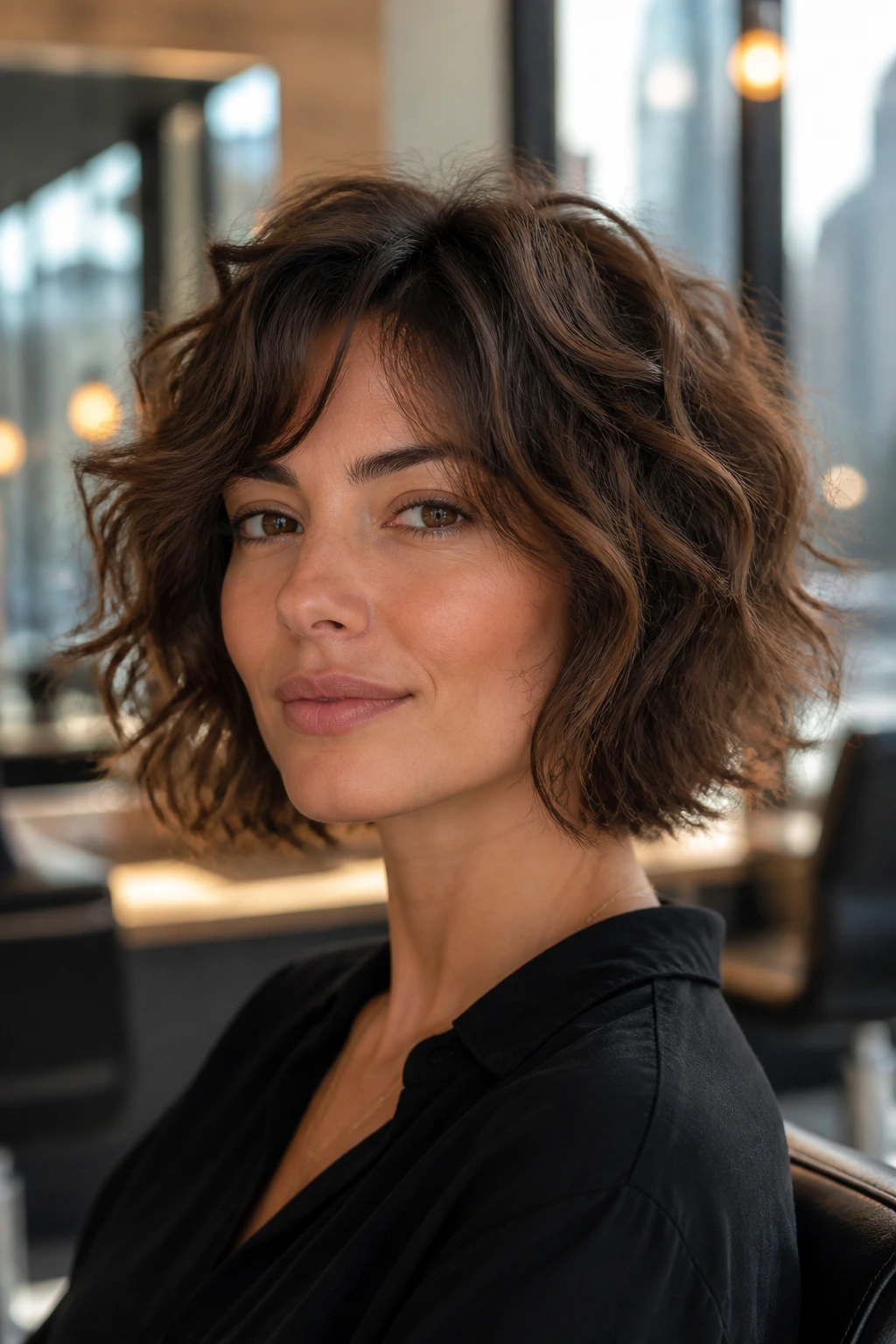 Close-up portrait of a real person with a curved bob that minimizes triangular silhouette