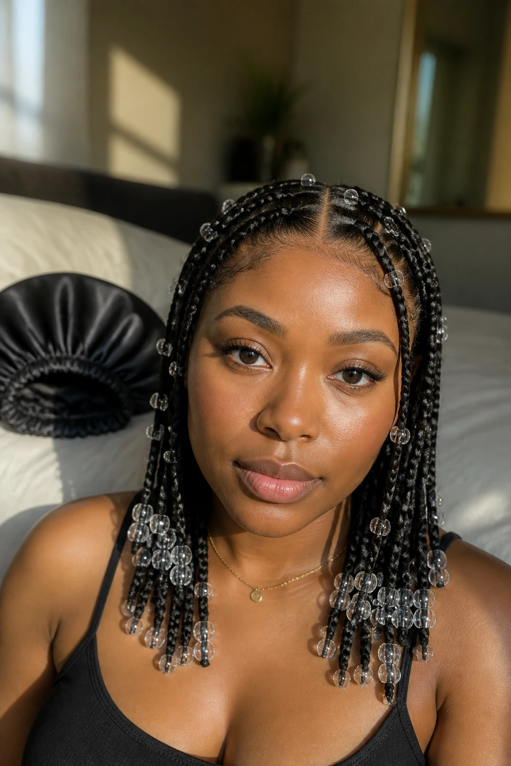 Close-up of tribal braids with clear beads on a real person in a softly lit bedroom