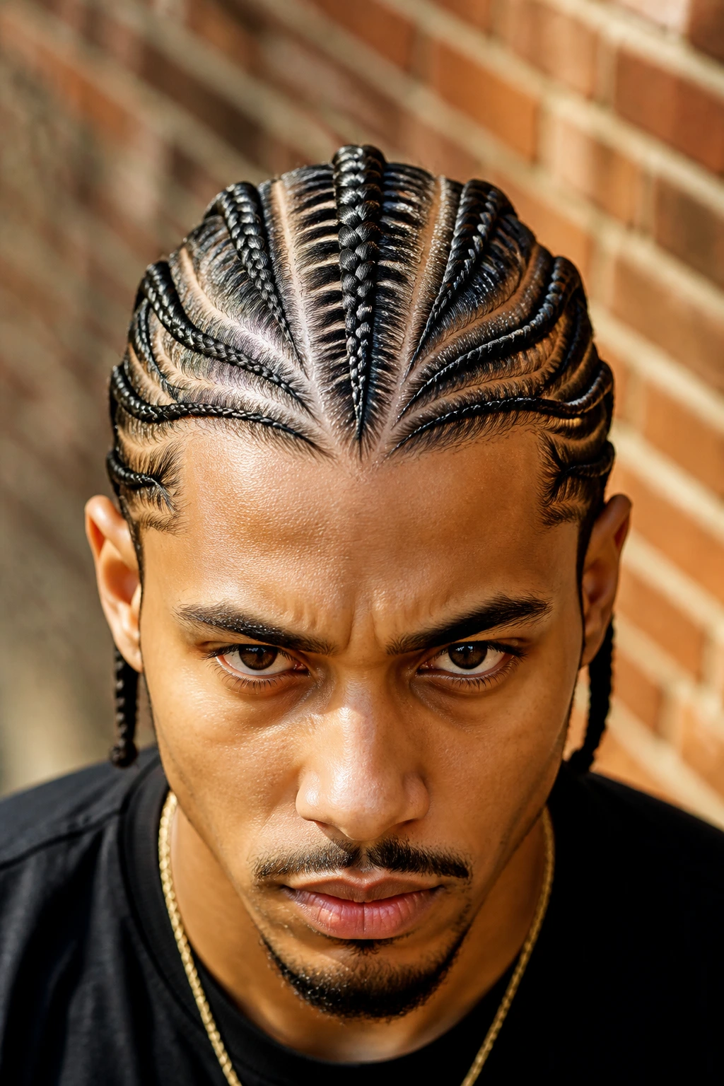 Portrait of a person with tribal braids centered and side braids against a brick wall