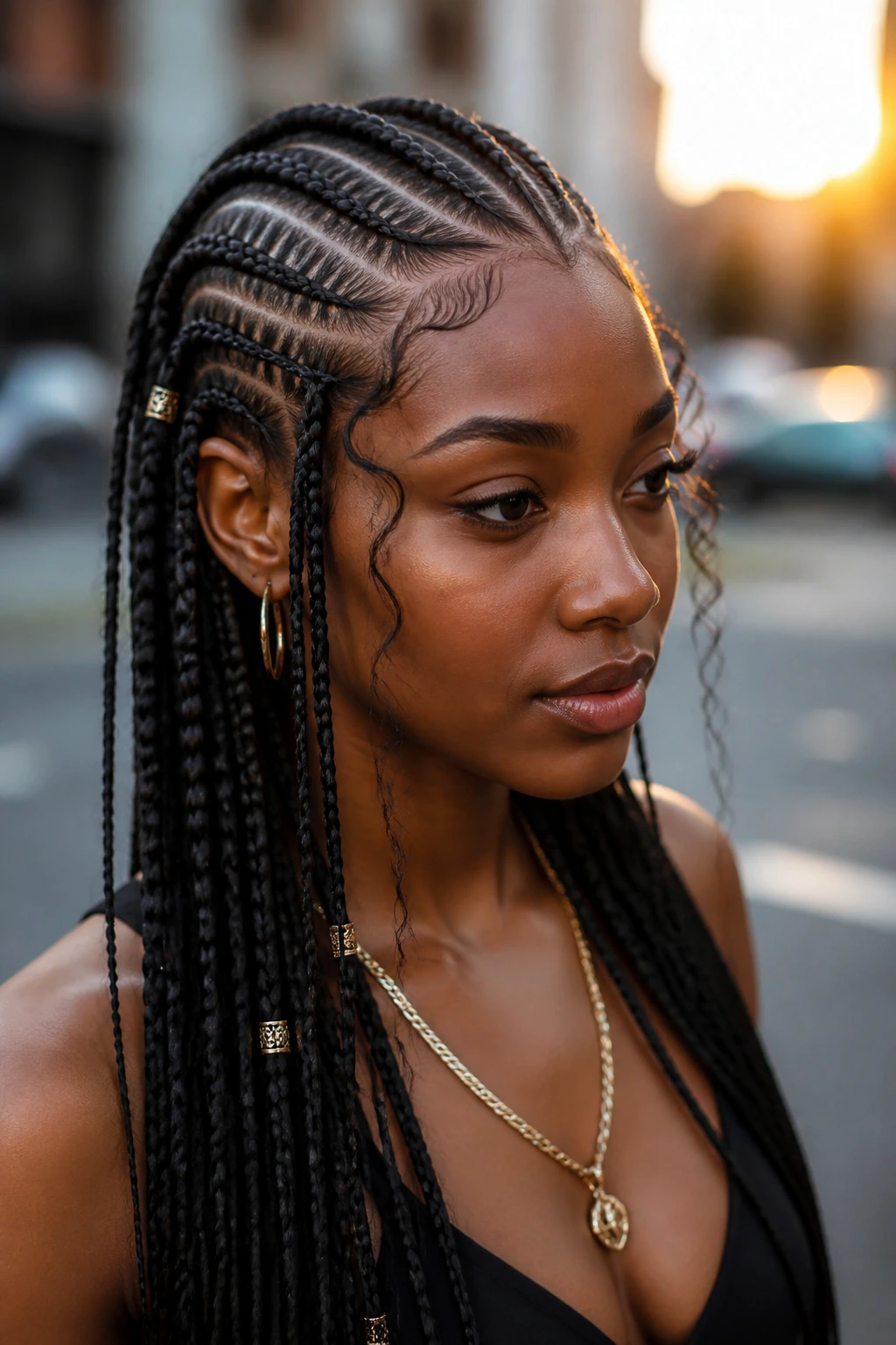 Three-quarter view of tribal braids on a real woman in outdoor street setting