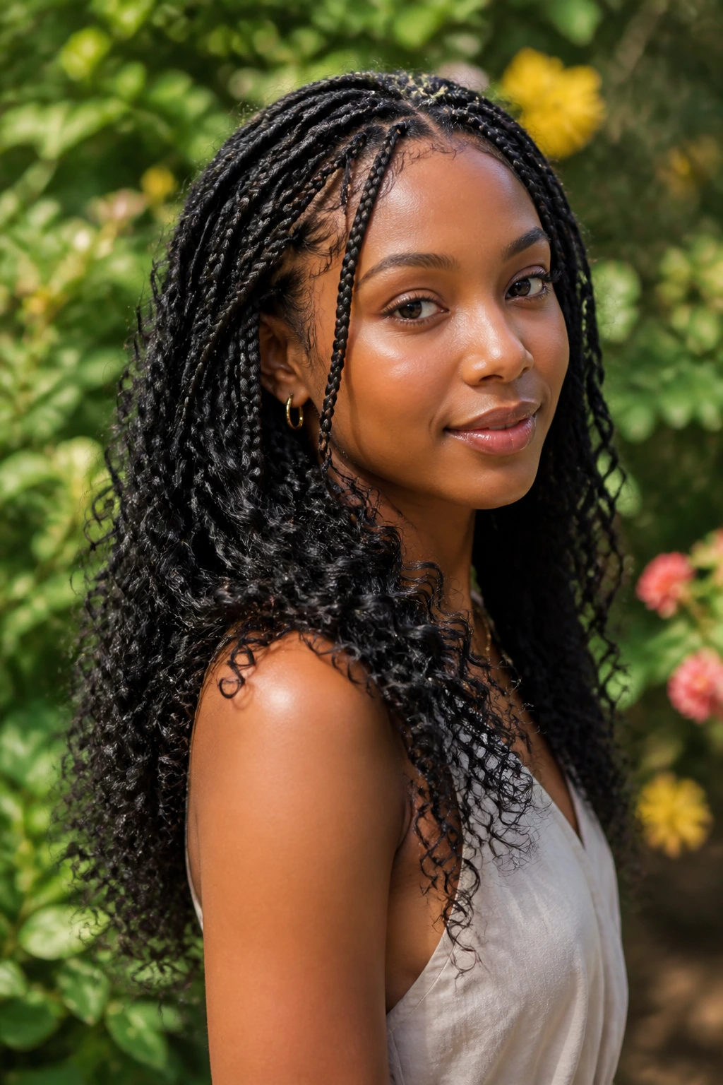 Portrait of a woman with tribal braids and curly ends in a sunlit garden