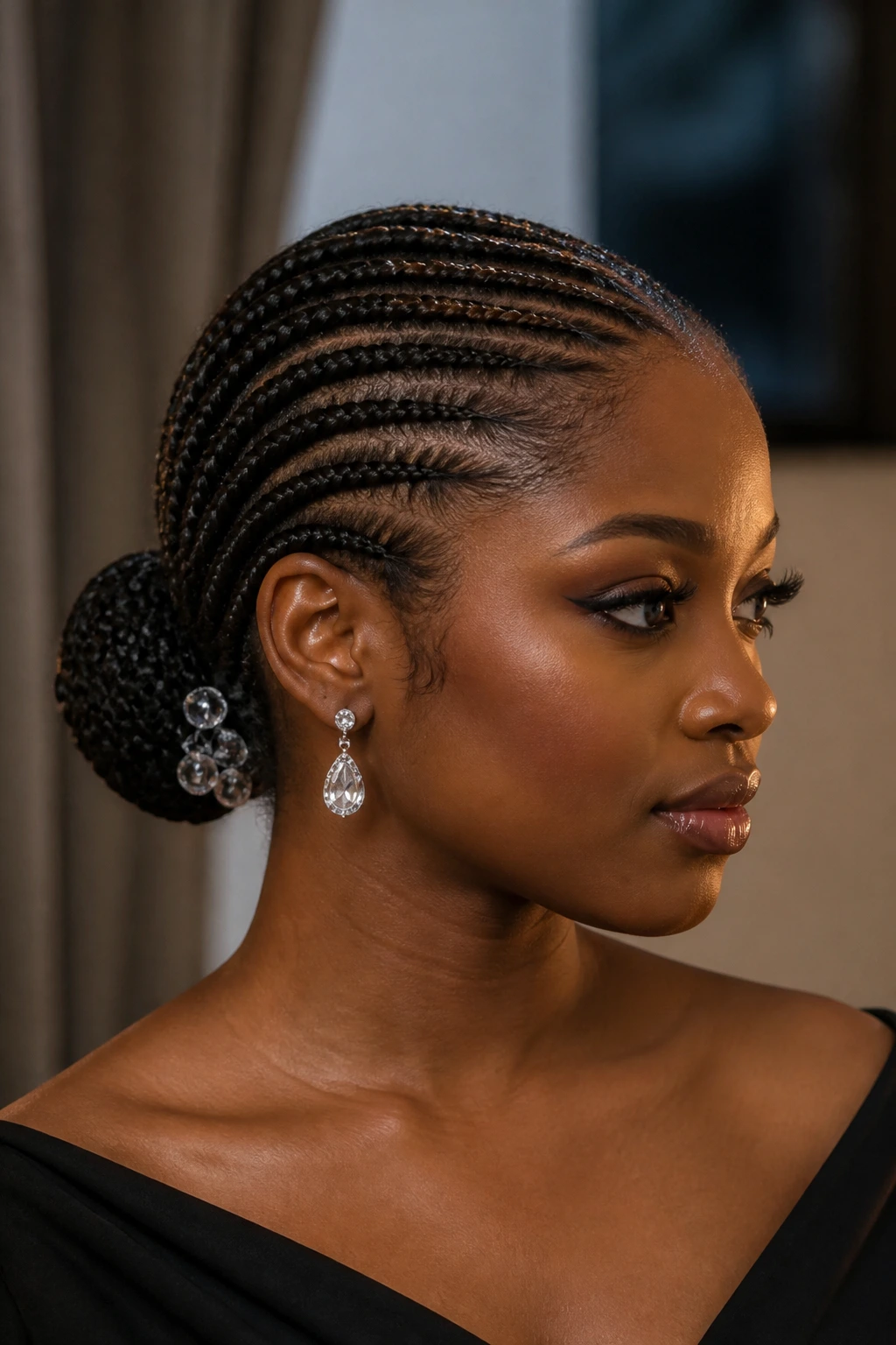 Close-up portrait of a real woman with tribal braids wrapped into a sleek low bun.