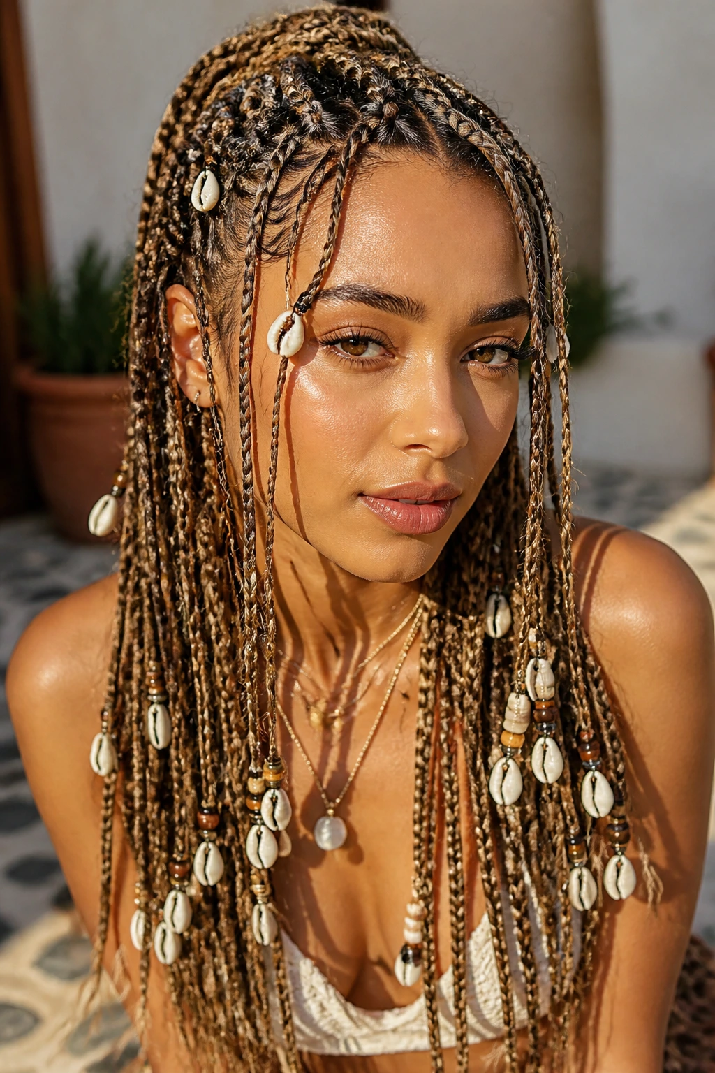 Close-up of tribal braids with shells and beads on a real person outdoors