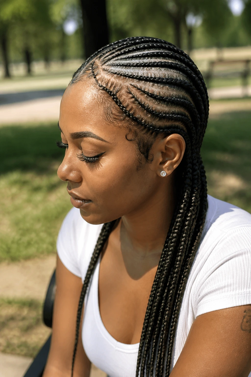 Real person with tribal cornrows in mixed sizes creating rhythmic pattern