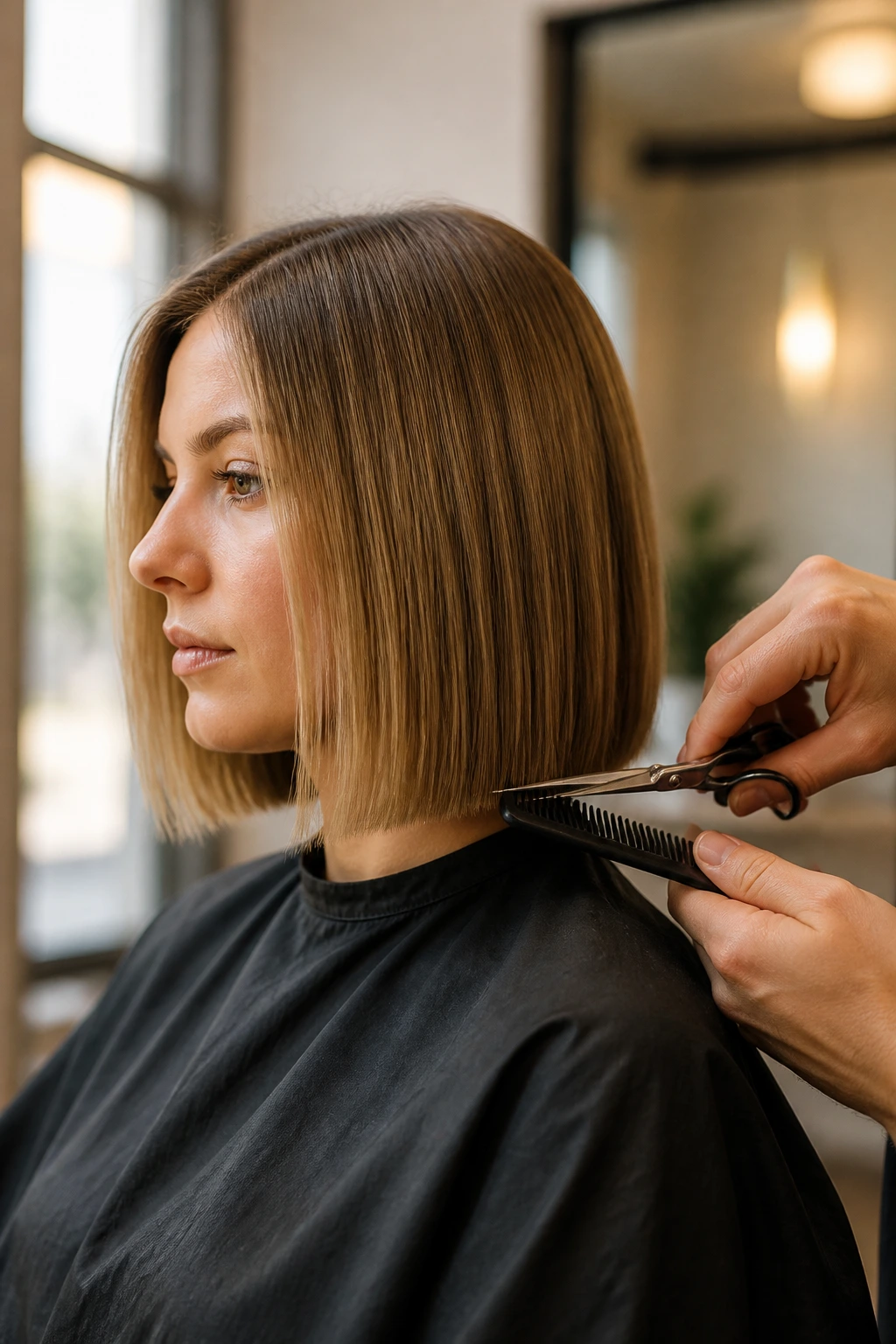 Client getting a trim showing blunt perimeter edge