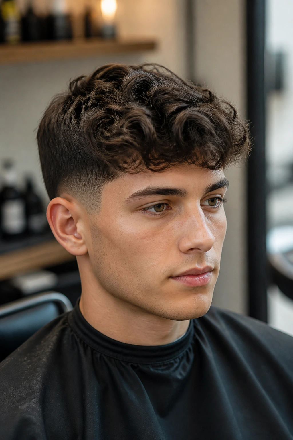 Portrait of a real person with crisp short wavy haircut in a salon