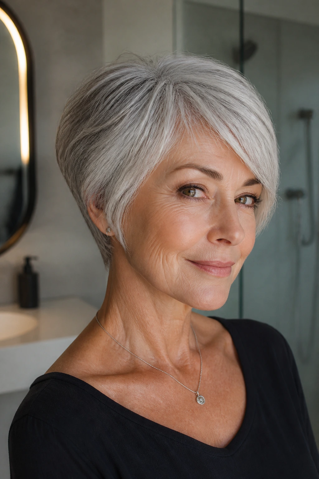 Close-up of a real woman with a crisp short haircut and defined neckline