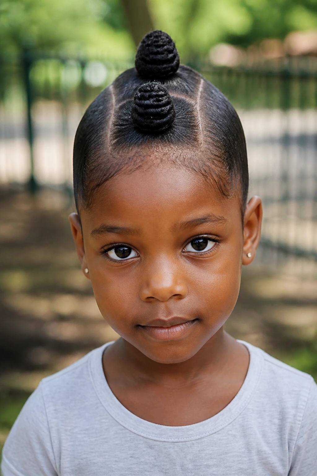 Close-up of a girl with three bantu knot mohawk