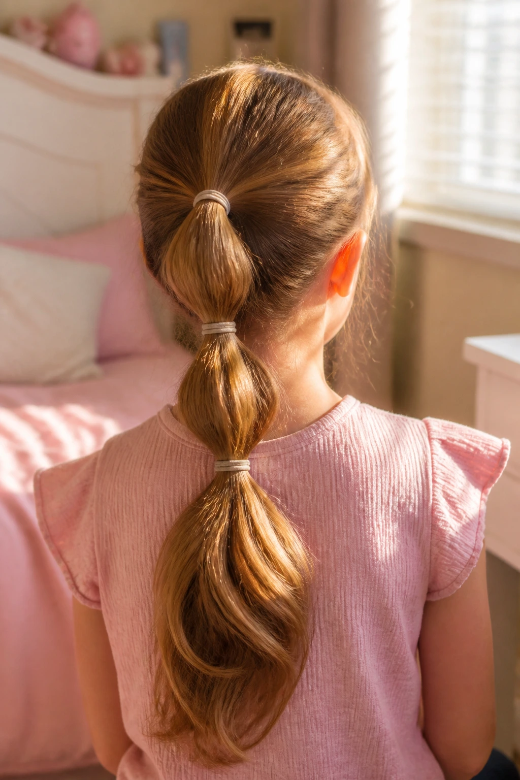 Back view of a girl with three stacked ponytails