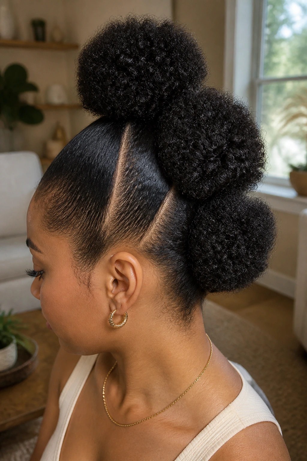 Close-up of Triple Puff Mohawk hairstyle on a real person with three puffs along the center part