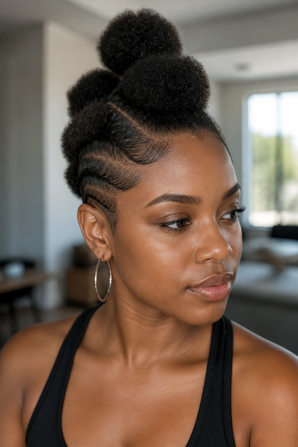 Close-up of a real person with Triple Puff Mohawk showing three center puffs