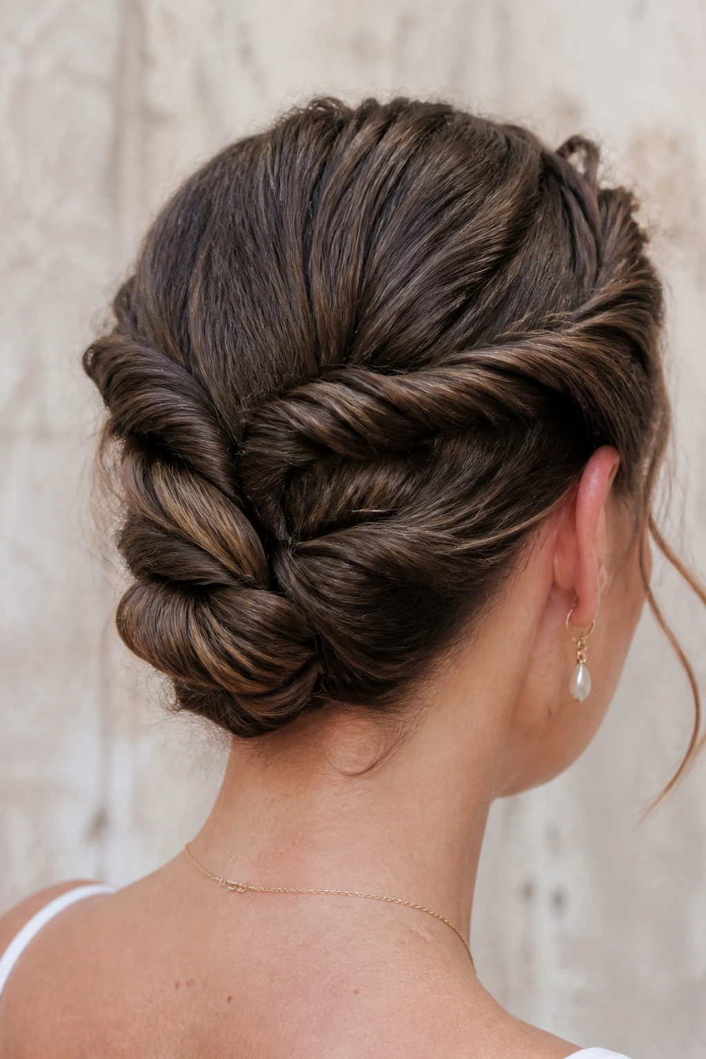 Portrait of a real woman with three twists forming a triple twist updo