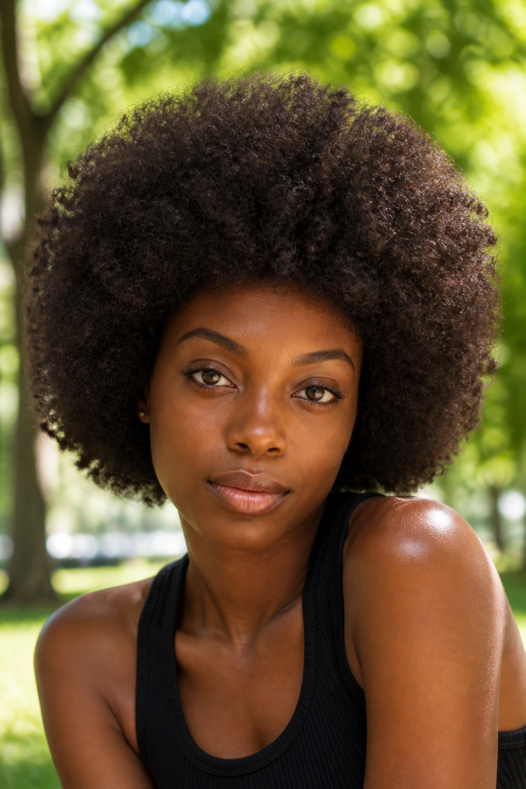 Close-up of a rich truffle brown Afro on a real person