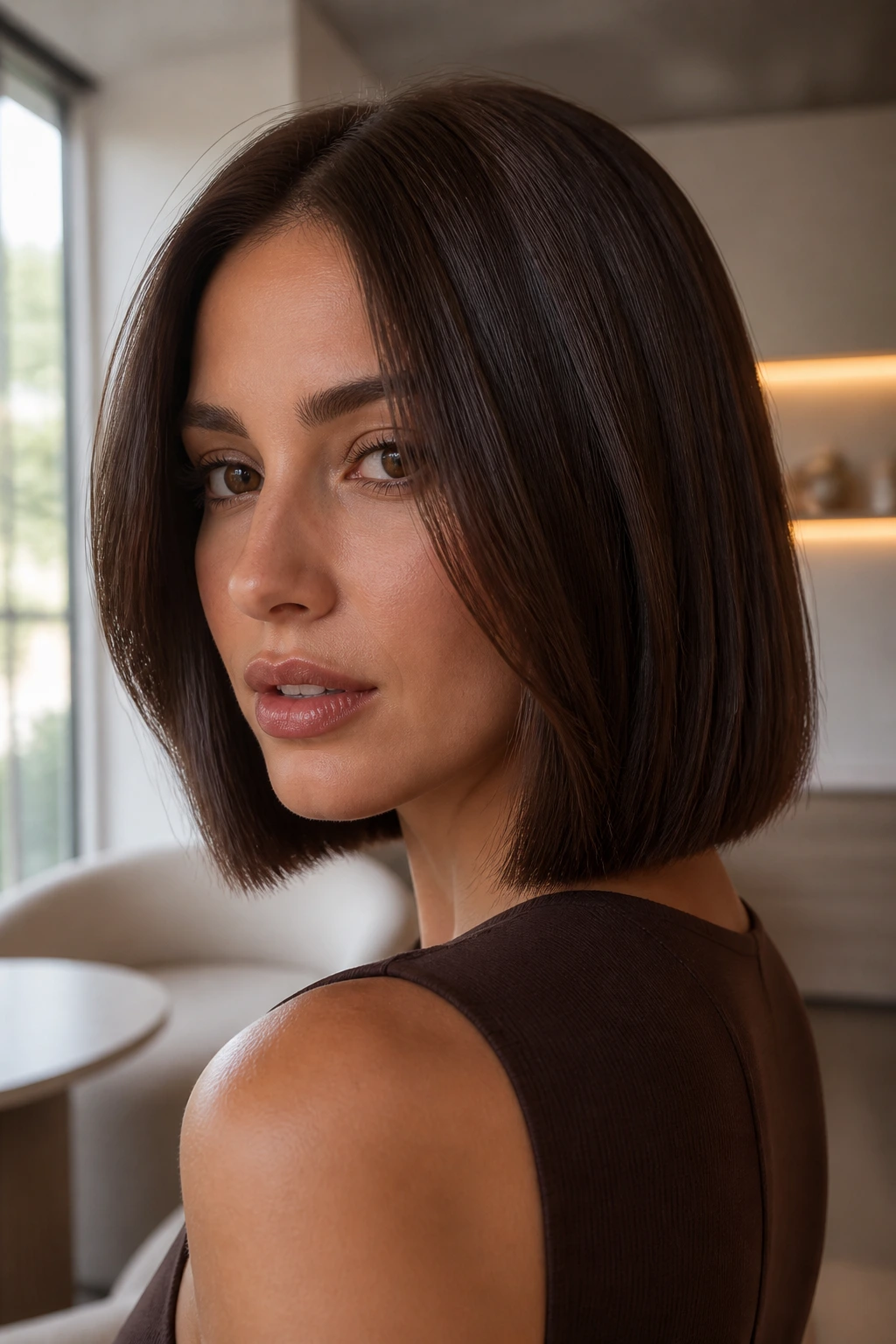Close-up portrait of a real woman with deep glossy truffle brown hair in a blunt bob under soft ambient light