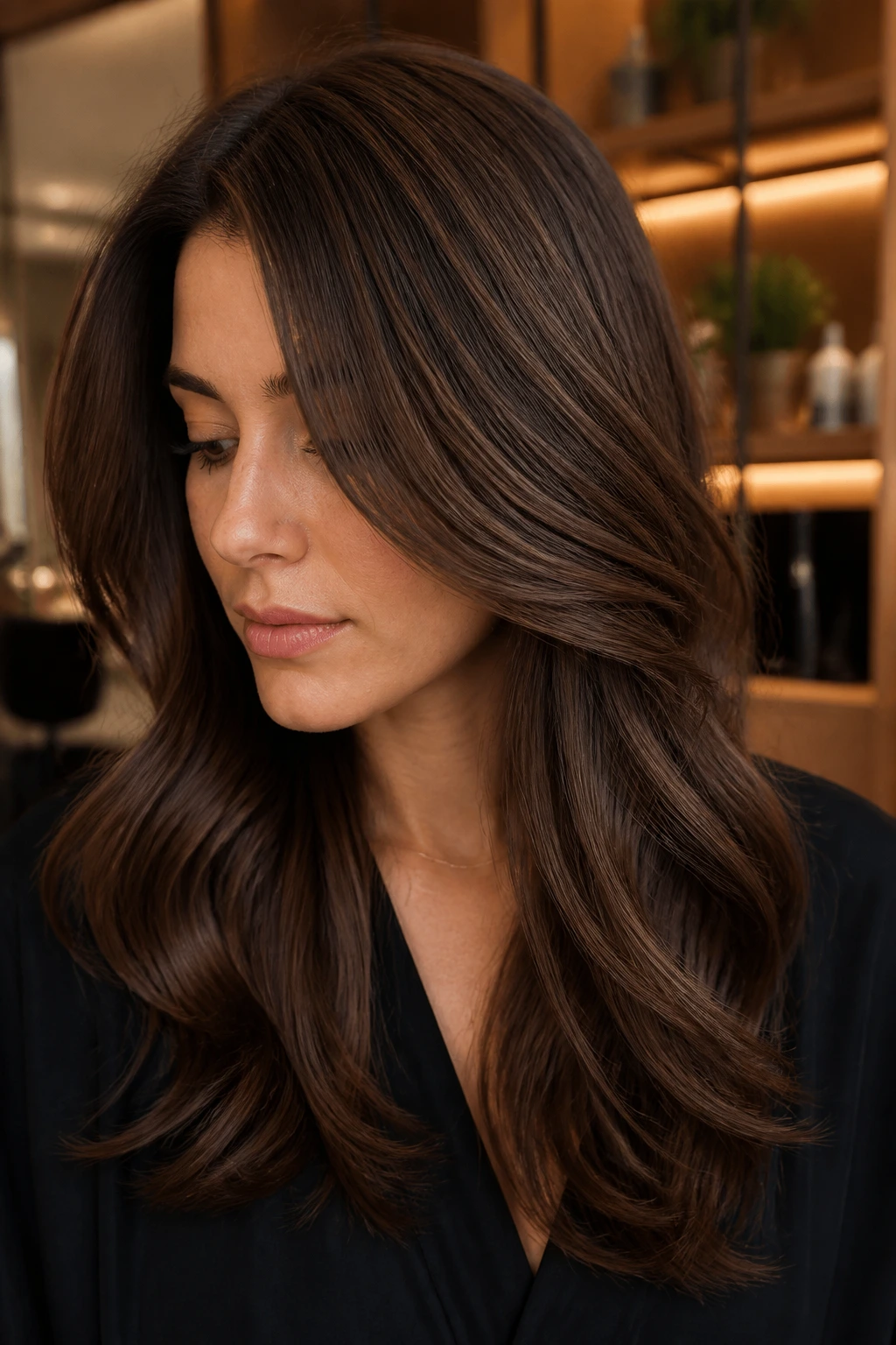 Close-up of a woman with truffle brown hair, glossy and layered