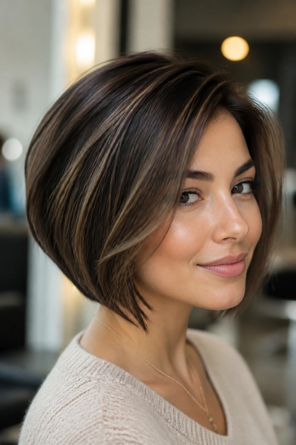 Portrait of a real person with a truffle mocha bob and subtle lighter panels