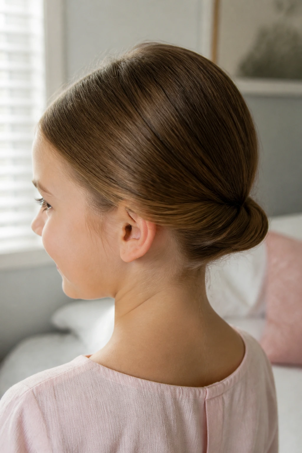 Back view of a child showing a tuck-and-roll bun with a smooth seam