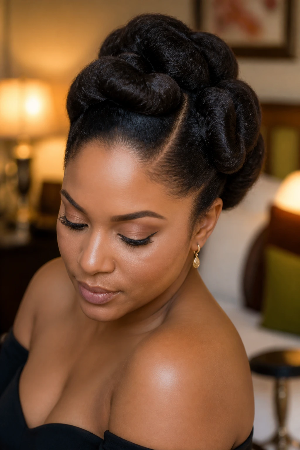 Close-up of a real woman in a tuck-and-roll updo showing rolled sections pinned neatly.