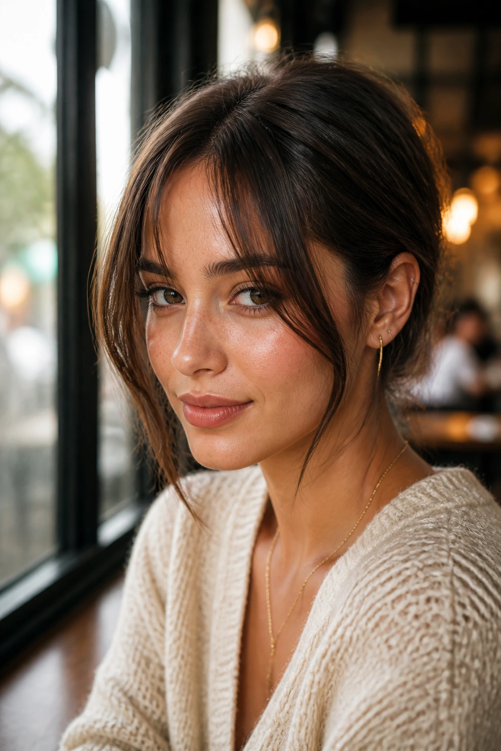Real woman with tuck-back side soft bottleneck bangs in cafe light