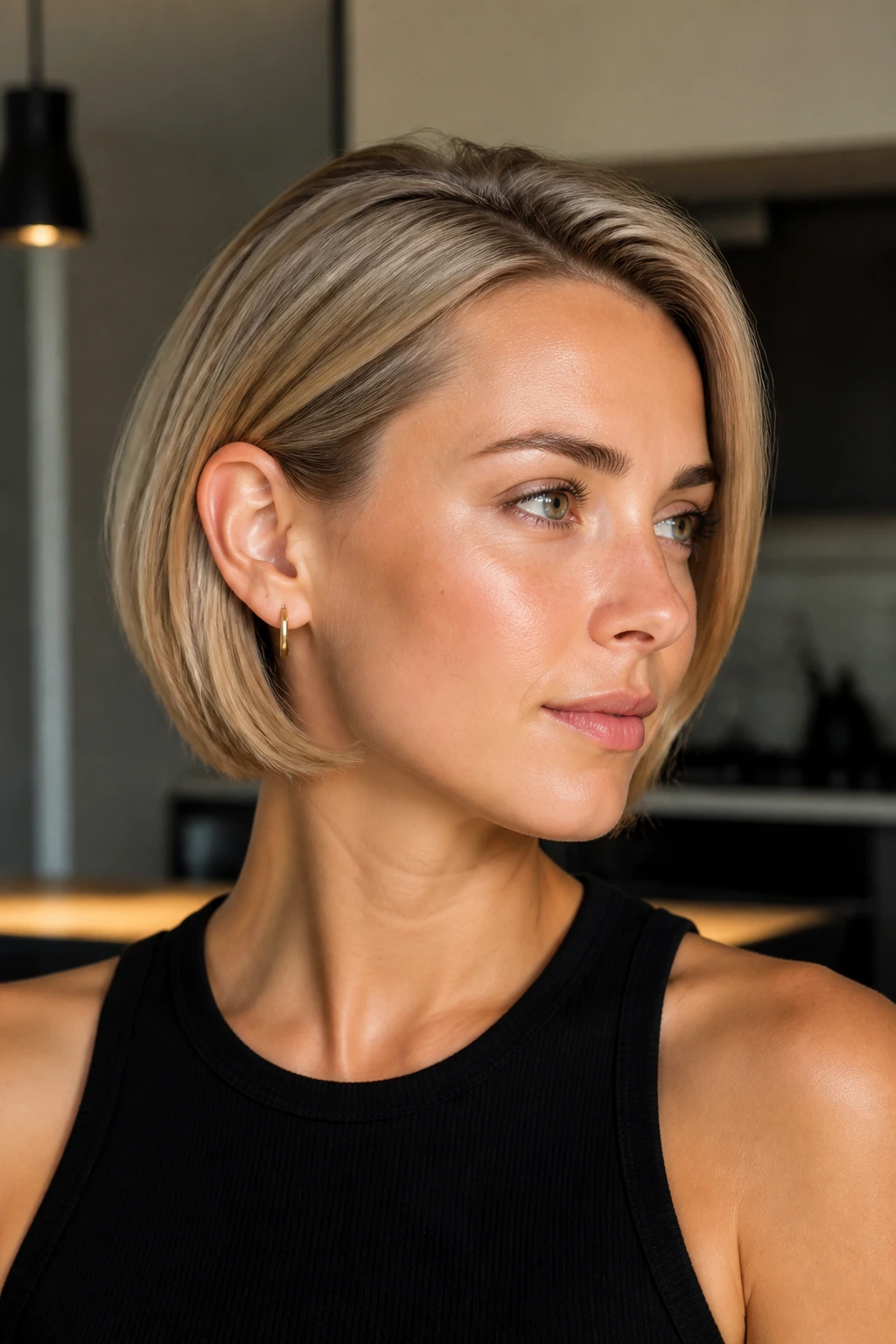 Close-up of a woman with a golden beige tuck-behind bob and visible jawline.