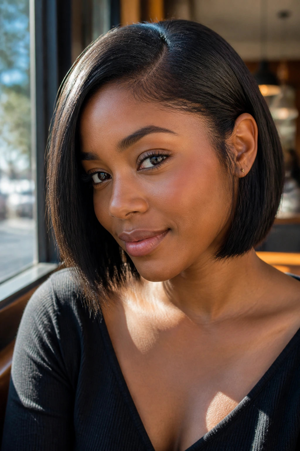 Side-profile of a real Black woman with a tuck-behind bob