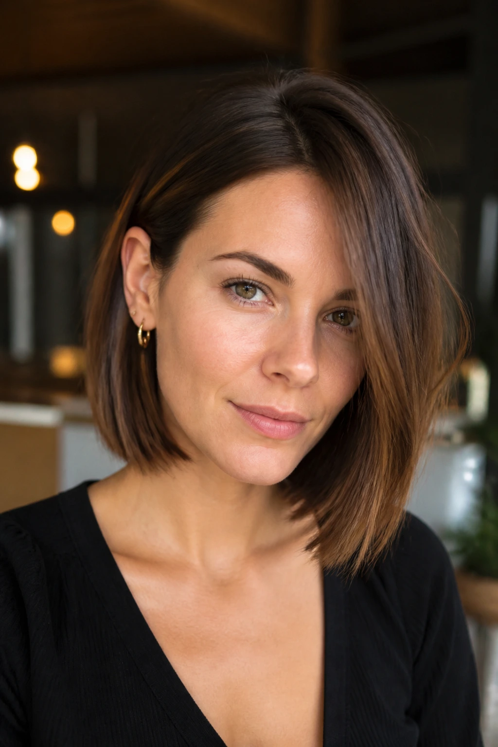 Real woman with a tuck-behind-ear lob, showing asymmetric styling