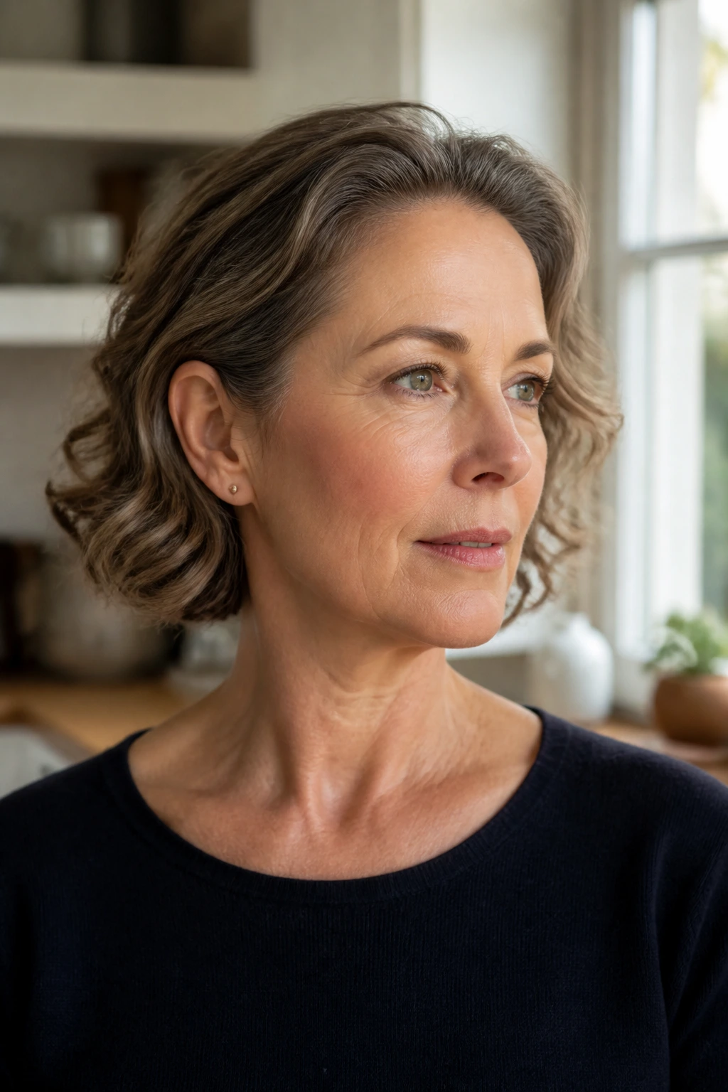 Portrait of a real woman with tuck-behind-the-ears bob showing tucked sides.