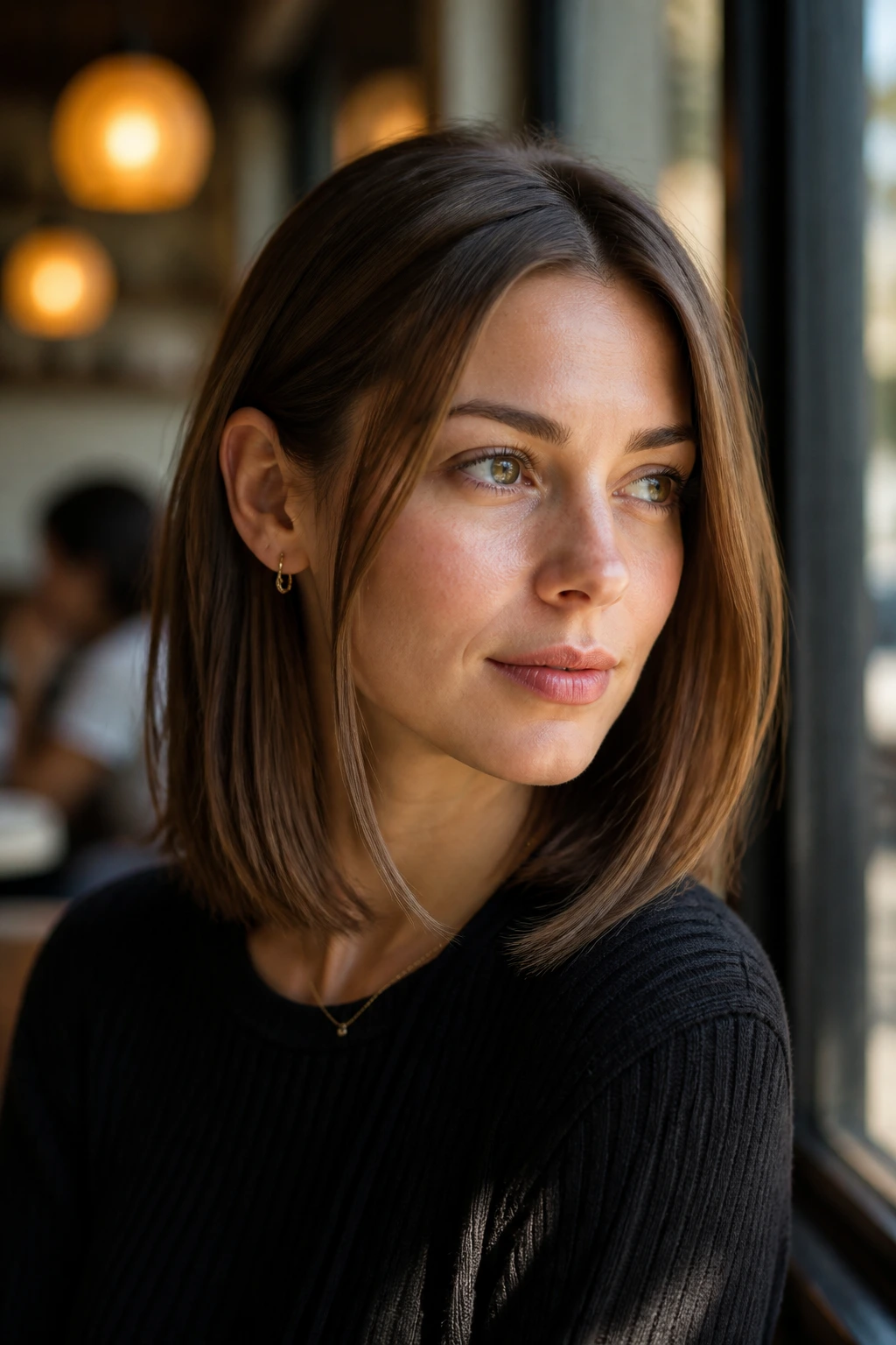 Close-up portrait of a real person with a tuck-friendly lob and ear tucked behind hair.