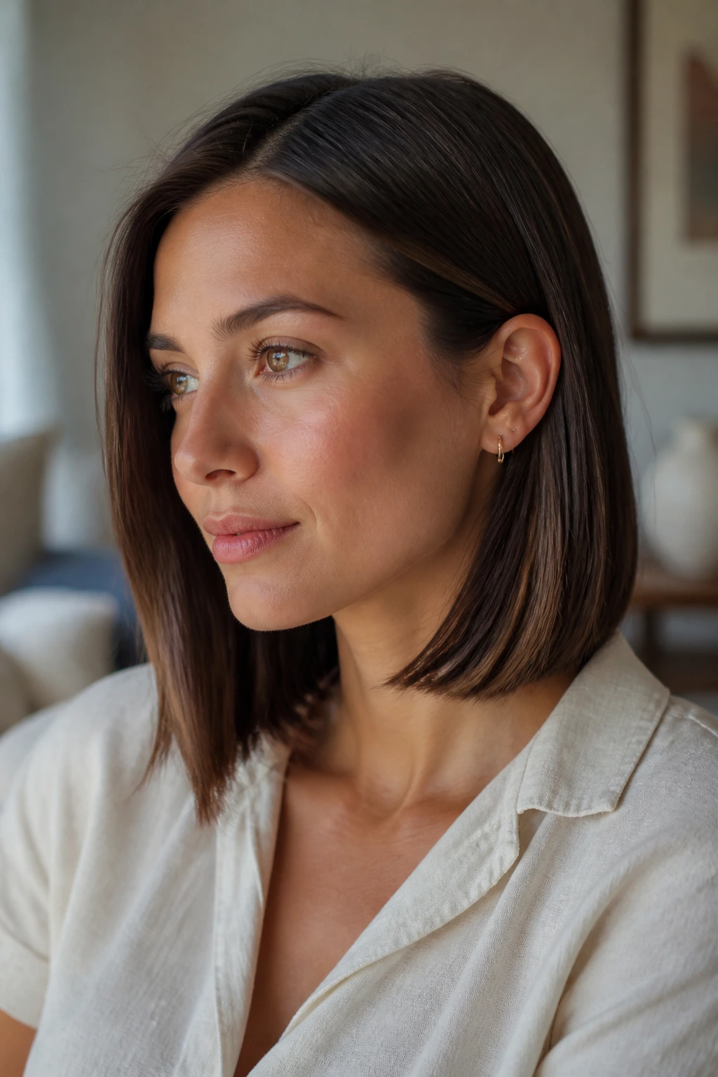 Close-up of a real woman showing a tuck-friendly lob tucked behind the ear in warm window light